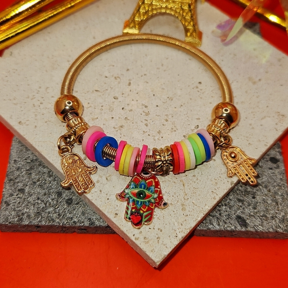 Hamsa Hand Charm Coil Bracelet Multi Charm Gold Bracelet - Brand New